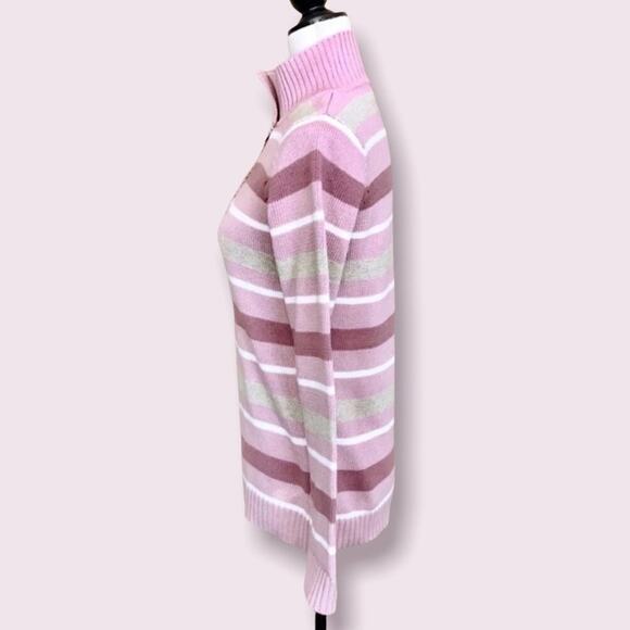Liz Claiborne Pink Cowl Neck Sweater Cozy 100% Cotton Striped - Picture 3 of 5